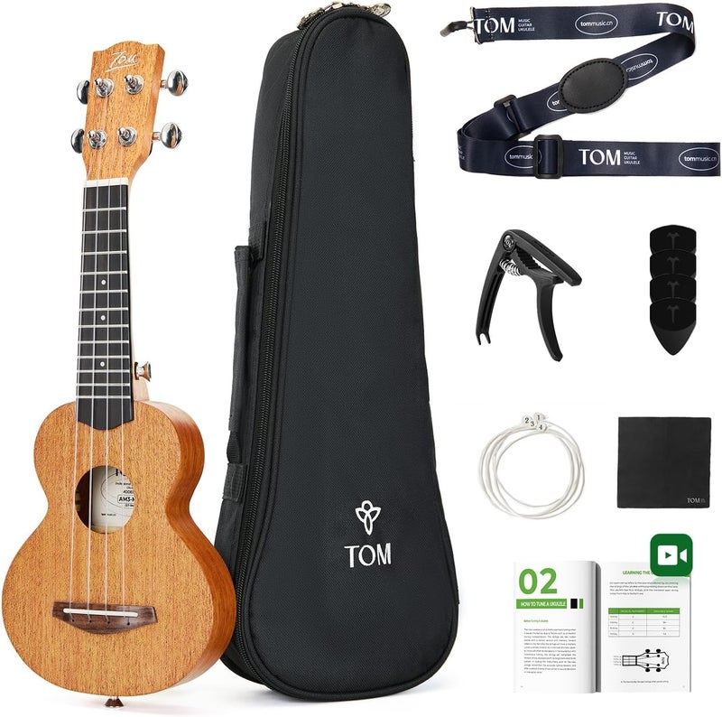 TOM 17 Inch Solid Mahogany Mini Ukulele – Professional Travel-Friendly Ukelele for Beginners, Kids & Adults, Beginner Kit with Free Online Lessons, Includes Gig Bag, Capo & Picks (AM3-Mini) - Image 1